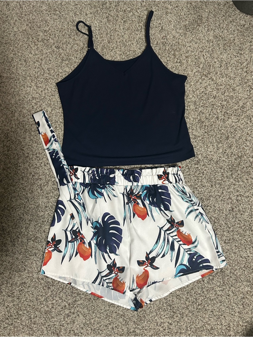 Women's Navy Camisole Tank Top & Tropical Shorts Set